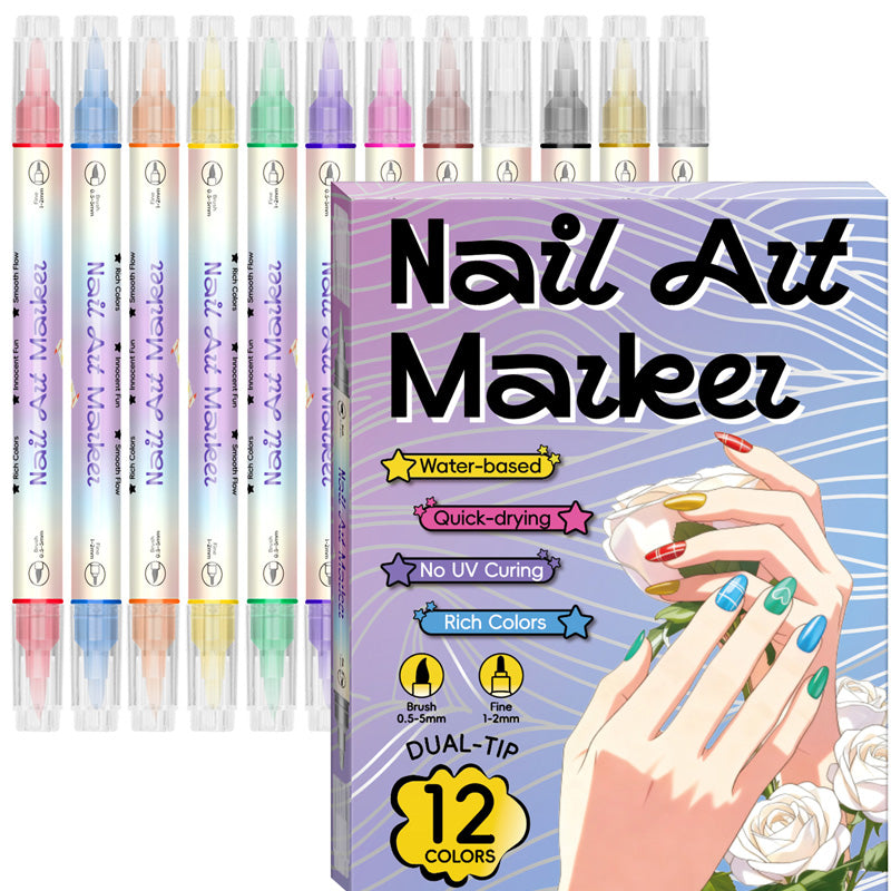 🎨Last Day Special Price:£ 8.99💞50K+ SOLD!✨Dual-Tip Nail Art Marker Pen Set Quick‑dry, no UV lamp. Fine &amp; brush tips. 12/24 vibrant colors. Easy DIY at home. No smudges, just art! 💅🖌️