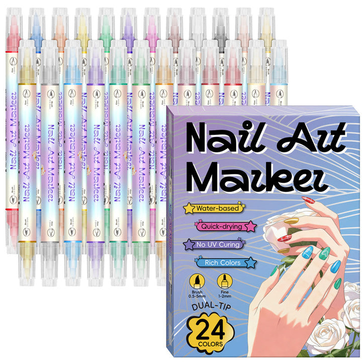 🎨Last Day Special Price:£ 8.99💞50K+ SOLD!✨Dual-Tip Nail Art Marker Pen Set Quick‑dry, no UV lamp. Fine &amp; brush tips. 12/24 vibrant colors. Easy DIY at home. No smudges, just art! 💅🖌️