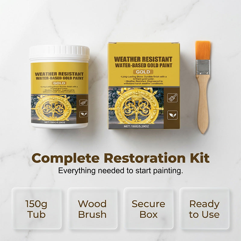 🥳2026 HOT SALE🥳💞50K+ SOLD!🏠✨ 50% OFF! Weather Resistant Gold Paint – Water‑based, brilliant shine. Safe for metal, wood &amp; stone. Lasts rain or shine! 🖌️💛