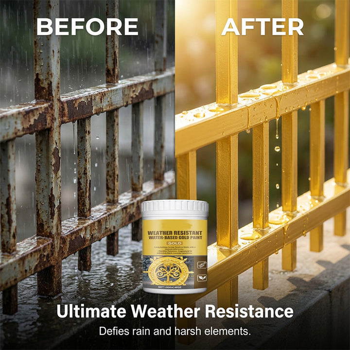 🥳2026 HOT SALE🥳💞50K+ SOLD!🏠✨ 50% OFF! Weather Resistant Gold Paint – Water‑based, brilliant shine. Safe for metal, wood &amp; stone. Lasts rain or shine! 🖌️💛