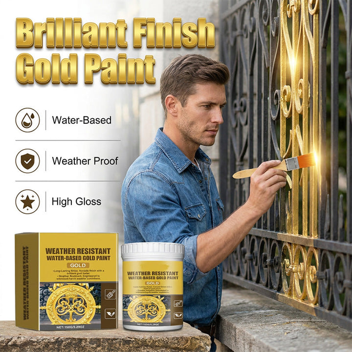 🥳2026 HOT SALE🥳💞50K+ SOLD!🏠✨ 50% OFF! Weather Resistant Gold Paint – Water‑based, brilliant shine. Safe for metal, wood &amp; stone. Lasts rain or shine! 🖌️💛