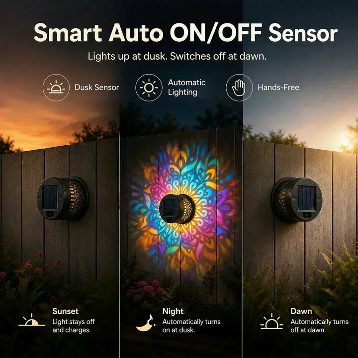 🌀 Solar Mandala Light – Stunning Pattern Projection, 2-in-1 Floor &amp; Wall Design &amp; IP65 Waterproof Auto On/Off 🌿