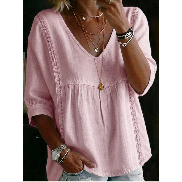 🌼 FLASH SALE 50% OFF! Women’s Casual V-Neck Lace Trim Top – Romantic Lace, Flowy Fit &amp; 3/4 Sleeve Elegance 💕