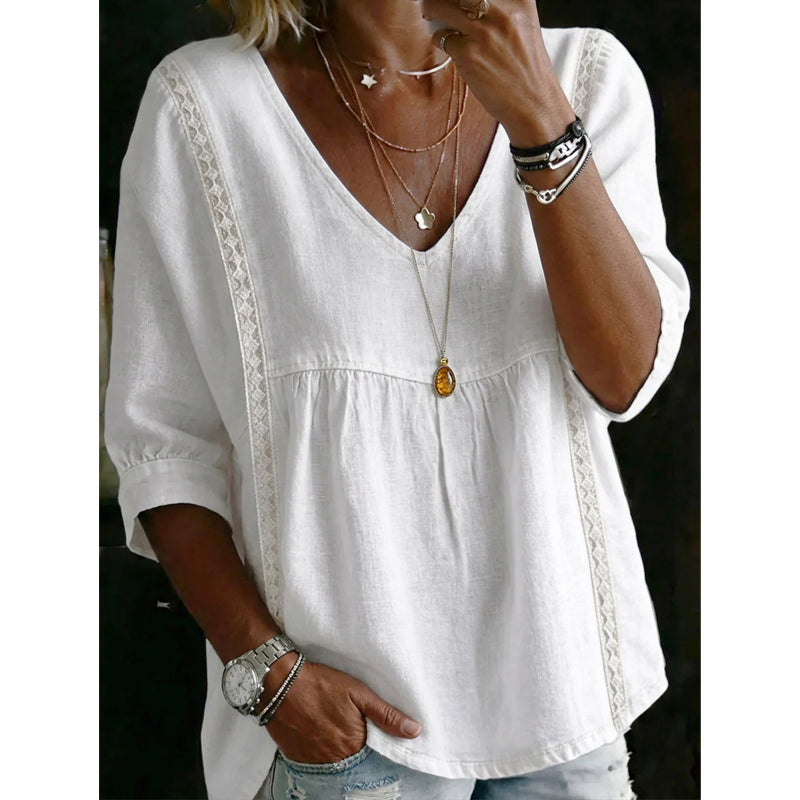 🌼 FLASH SALE 50% OFF! Women’s Casual V-Neck Lace Trim Top – Romantic Lace, Flowy Fit &amp; 3/4 Sleeve Elegance 💕