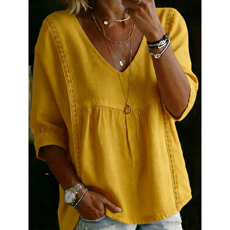 🌼 FLASH SALE 50% OFF! Women’s Casual V-Neck Lace Trim Top – Romantic Lace, Flowy Fit &amp; 3/4 Sleeve Elegance 💕