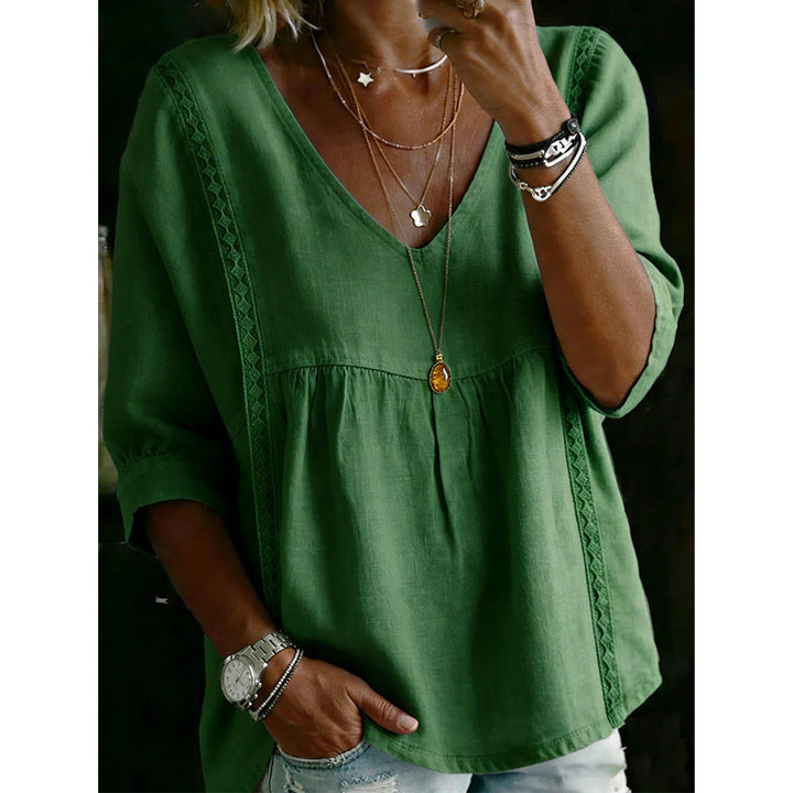 🌼 FLASH SALE 50% OFF! Women’s Casual V-Neck Lace Trim Top – Romantic Lace, Flowy Fit &amp; 3/4 Sleeve Elegance 💕