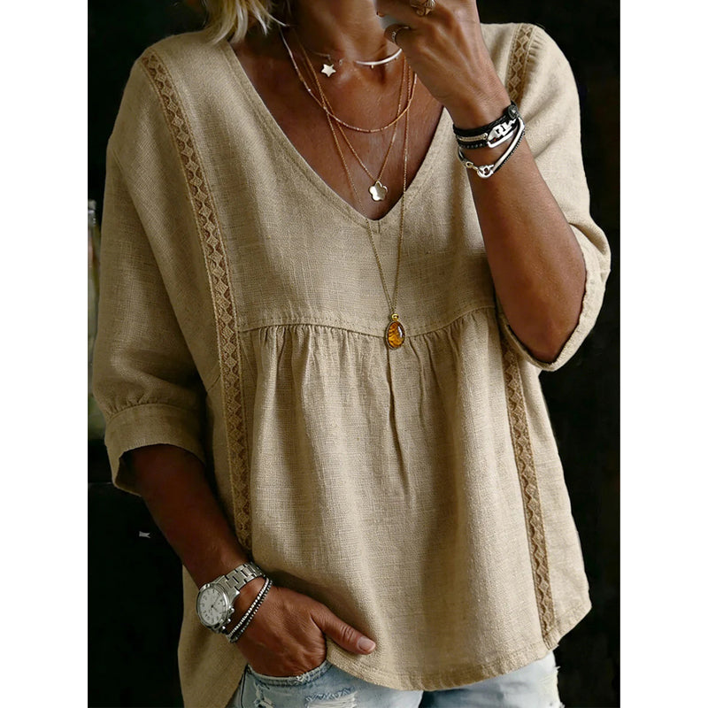 🌼 FLASH SALE 50% OFF! Women’s Casual V-Neck Lace Trim Top – Romantic Lace, Flowy Fit &amp; 3/4 Sleeve Elegance 💕
