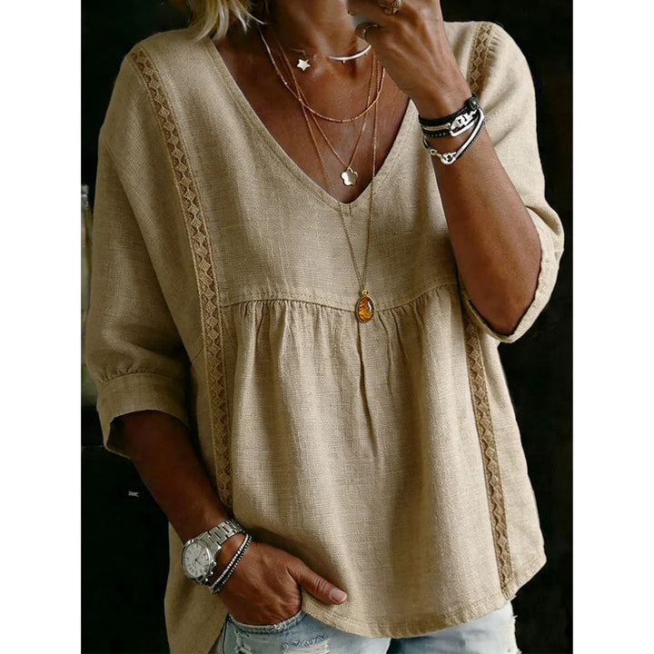 🌼 FLASH SALE 50% OFF! Women’s Casual V-Neck Lace Trim Top – Romantic Lace, Flowy Fit &amp; 3/4 Sleeve Elegance 💕
