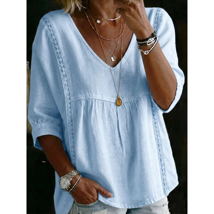 🌼 FLASH SALE 50% OFF! Women’s Casual V-Neck Lace Trim Top – Romantic Lace, Flowy Fit &amp; 3/4 Sleeve Elegance 💕