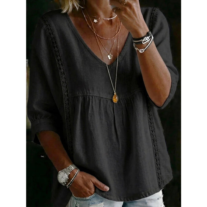 🌼 FLASH SALE 50% OFF! Women’s Casual V-Neck Lace Trim Top – Romantic Lace, Flowy Fit &amp; 3/4 Sleeve Elegance 💕