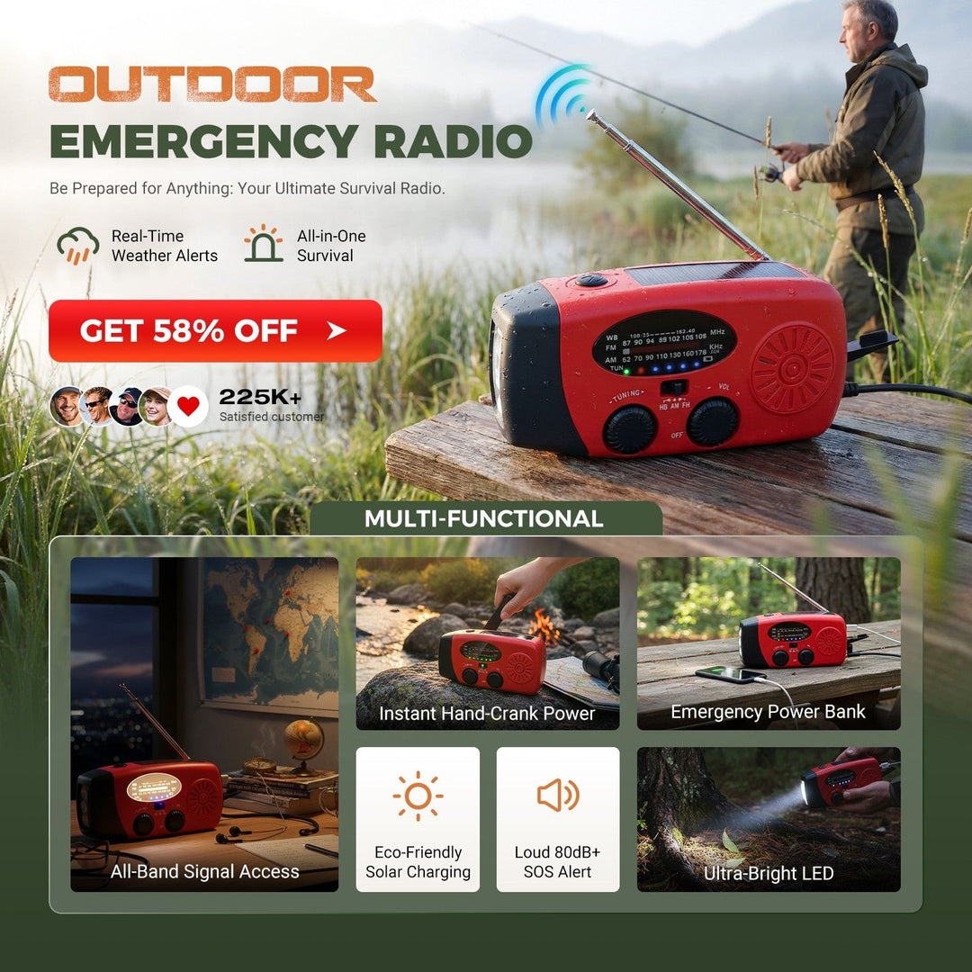 📻 58% OFF NOW!🔋Multifunctional Portable Solar Emergency Radio – Power Bank, Hand Crank &amp; Weather Alert⚡